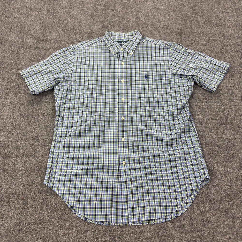 Vintage Ralph Lauren Shirt Mens Medium Blue Plaid Short Sleeve Button Down